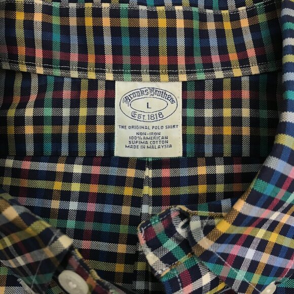 Brooks Brothers Men Large Cotton Red Multi-Color Plaid Logo Shirt - Picture 4 of 5